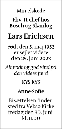 Dødsannoncen for Lars Erichsen - Veksø Sjælland