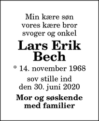 Dødsannoncen for Lars Erik Bech - Hobro