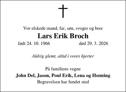 Dødsannoncen for Lars Erik Broch - Haslev