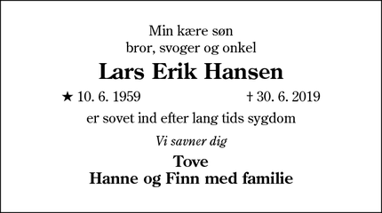 Dødsannoncen for Lars Erik Hansen - Dybbøl