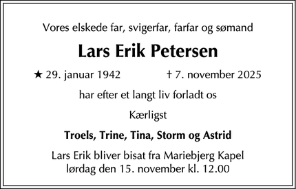 Dødsannoncen for Lars Erik Petersen - København Ø