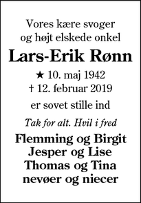Dødsannoncen for Lars-Erik Rønn - Holstebro