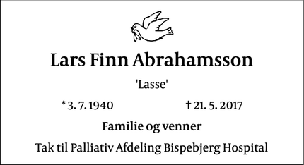 Dødsannoncen for Lars Finn Abrahamsson - København