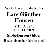 Dødsannoncen for Lars Günther
Hansen - Odder