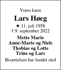 Dødsannoncen for Lars Høeg - København S