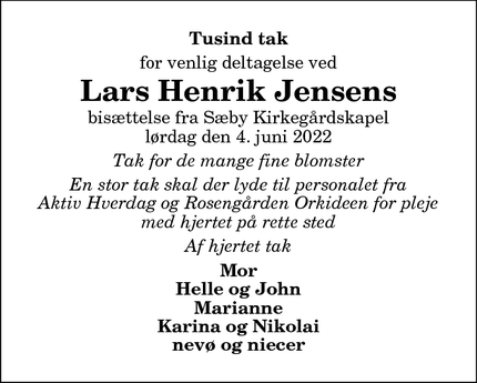 Taksigelsen for Lars Henrik Jensens - sæby