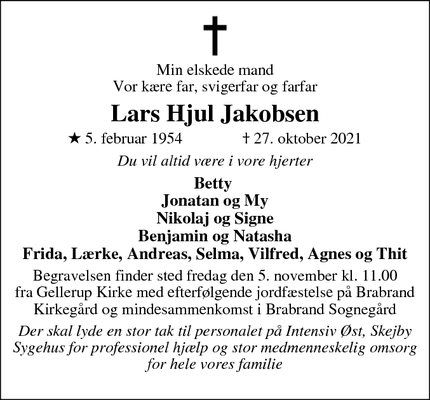 Dødsannoncen for Lars Hjul Jakobsen - Brabrand
