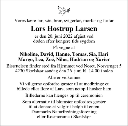 Dødsannoncen for Lars Hostrup Larsen - Skælskør