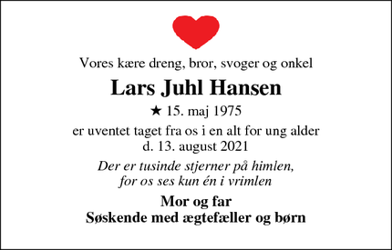 Dødsannoncen for Lars Juhl Hansen - Vejen