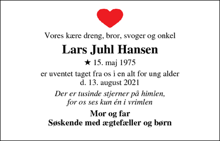 Dødsannoncen for Lars Juhl Hansen - Vejen