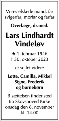 Dødsannoncen for Lars Lindhardt
Vindeløv - Charlottenlund