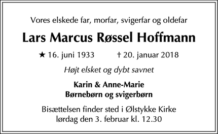 Dødsannoncen for Lars Marcus Røssel Hoffmann - Ølstykke