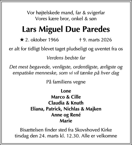 Dødsannoncen for Lars Miguel Due Paredes - Klampenborg