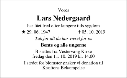 Dødsannoncen for Lars Nedergaard - Helsingør