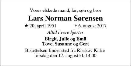 Dødsannoncen for Lars Norman Sørensen - Aarhus