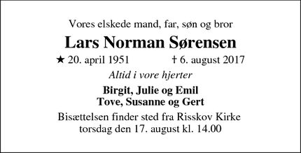 Dødsannoncen for Lars Norman Sørensen - Aarhus