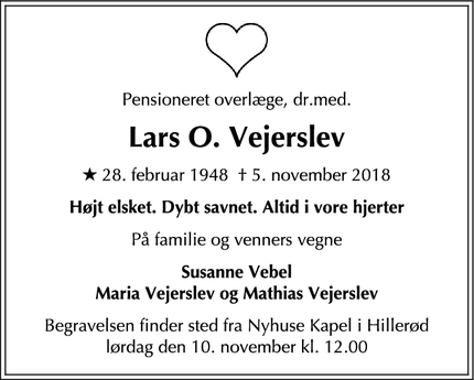 Dødsannoncen for Lars O. Vejerslev - Hillerød