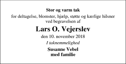 Dødsannoncen for Lars O. Vejerslev - Hillerød