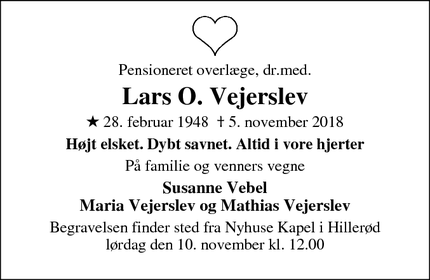 Dødsannoncen for Lars O. Vejerslev - Hillerød