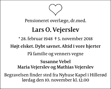 Dødsannoncen for Lars O. Vejerslev - Hillerød