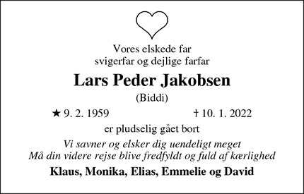 Dødsannoncen for Lars Peder Jakobsen - Odense