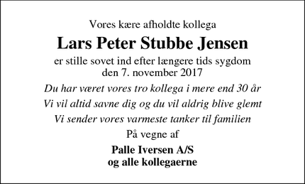 Dødsannoncen for Lars Peter Stubbe Jensen - Uldum