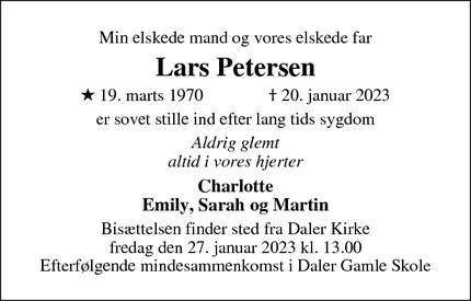 Dødsannoncen for Lars Petersen - Østerby