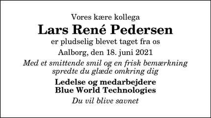 Dødsannoncen for Lars René Pedersen - Aalborg