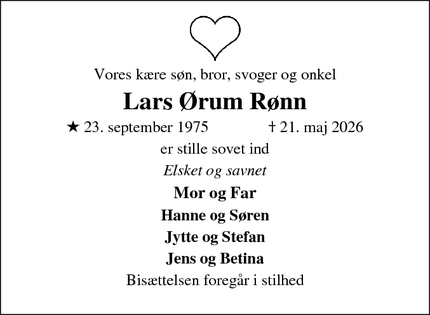 Dødsannoncen for Lars &Oslash;rum R&oslash;nn - Aars