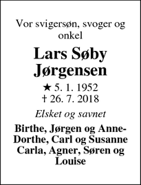 Dødsannoncen for Lars Søby Jørgensen - Studstrup