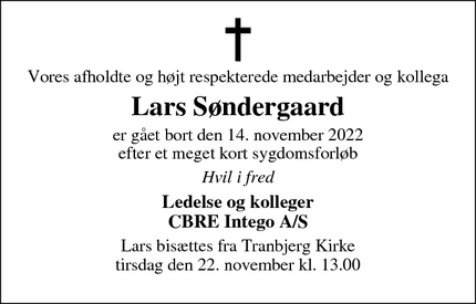 Dødsannoncen for Lars Søndergaard - Skanderborg