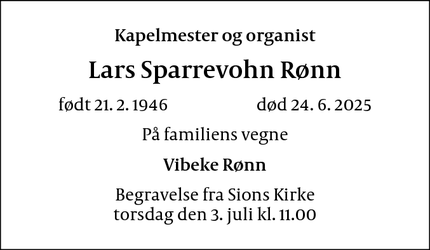 Dødsannoncen for Lars Sparrevohn Rønn - Birkerød