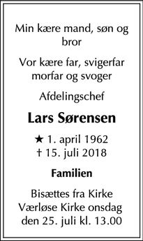 Dødsannoncen for Lars Sørensen - Søborg