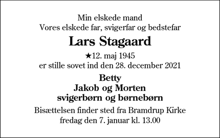Dødsannoncen for Lars Stagaard - Kolding