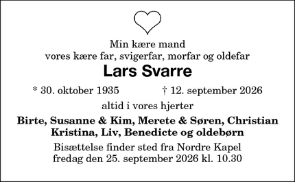 Dødsannoncen for Lars Svarre - Birkerød