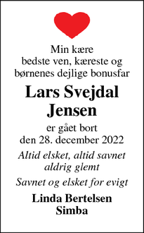 Dødsannoncen for Lars Svejdal
Jensen - Linde, 7600 Struer