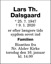Dødsannoncen for Lars Th. Dalsgaard - nørre alslev