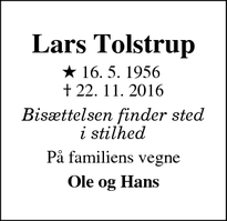 Dødsannoncen for Lars Tolstrup - Ebeltoft