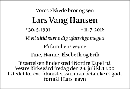 Dødsannoncen for Lars Vang Hansen - Vanløse