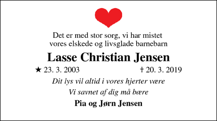 Dødsannoncen for Lasse Christian Jensen - Korning