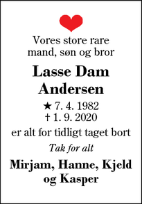 Dødsannoncen for Lasse Dam Andersen - Spjald