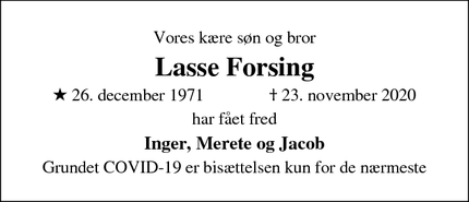 Dødsannoncen for Lasse Forsing - Nivå