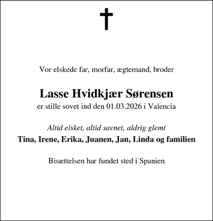Dødsannoncen for Lasse Hvidkj&aelig;r S&oslash;rensen - Glostrup
