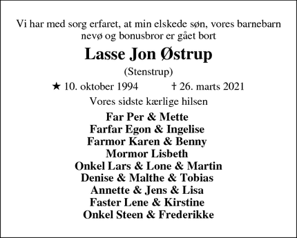 Dødsannoncen for Lasse Jon Østrup - Harboøre