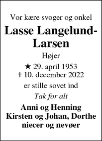 Dødsannoncen for Lasse Langelund-Larsen - Tønder
