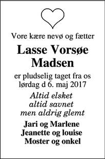 Dødsannoncen for Lasse Vorsøe Madsen - Hjulby