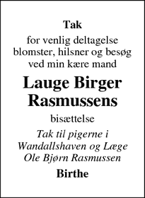Dødsannoncen for Lauge Birger Rasmussens - Svendborg
