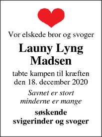 Dødsannoncen for Launy Lyng
Madsen - Outrup