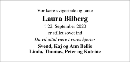 Dødsannoncen for Laura Bilberg - Hvide Sande