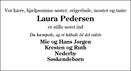 Dødsannoncen for Laura Pedersen - Rødding